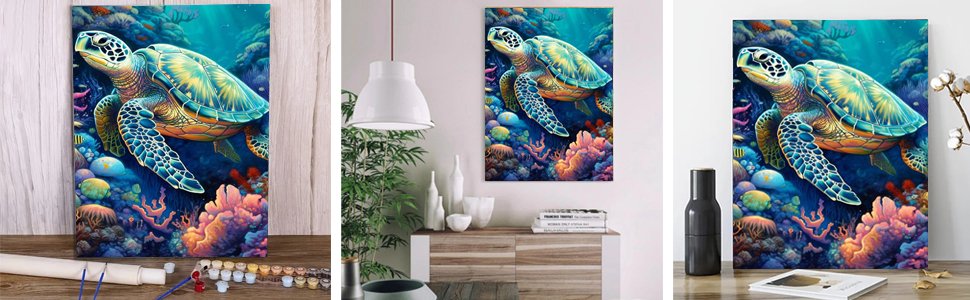 Sea turtle swimming among colorful coral reefs, shown in three different display settings.