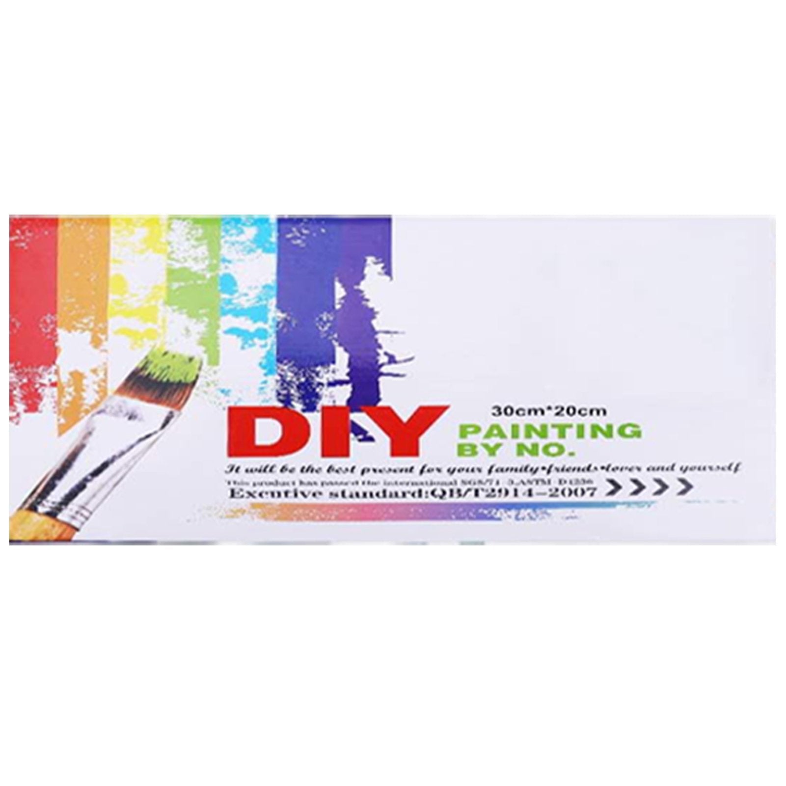 Paint by numbers kit packaging with rainbow paint strokes and a paintbrush graphic, showing DIY PAINTING BY NO.