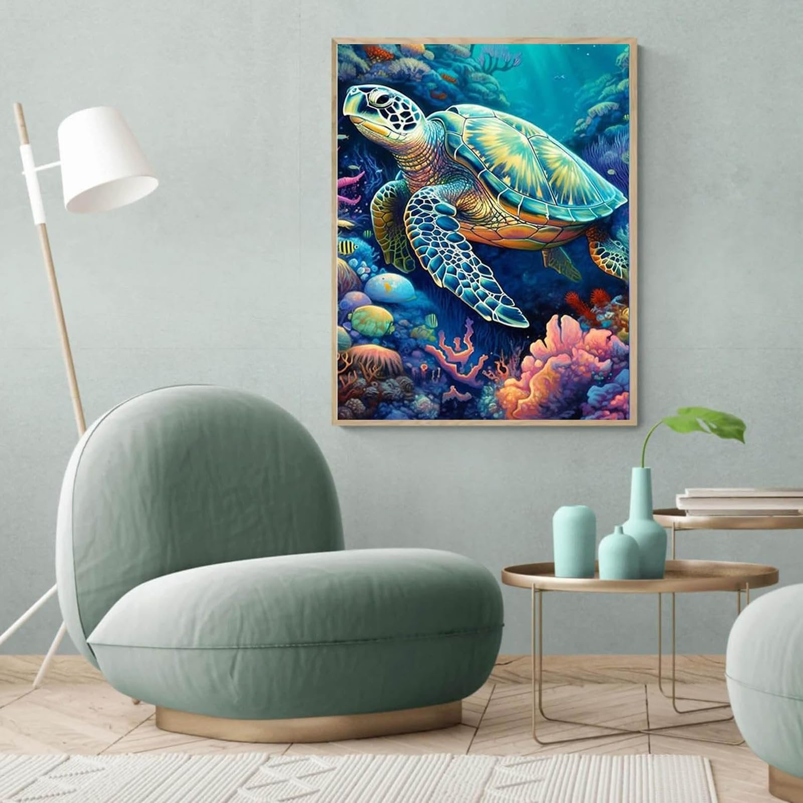 Framed paint by numbers canvas featuring a sea turtle swimming among colorful coral and fish in a vibrant underwater scene.