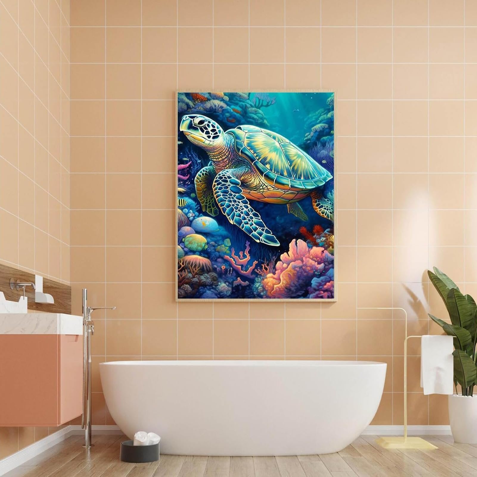 Framed paint by numbers canvas featuring a sea turtle swimming among colorful coral and fish, displayed in a bathroom setting.