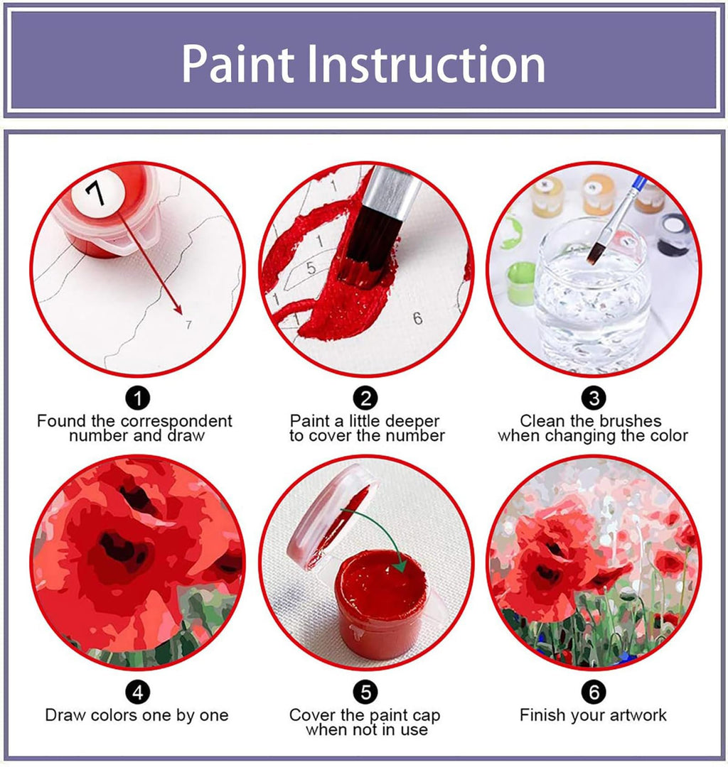Paint by numbers instruction graphic showing 6 steps with close-ups of paint, brushes, and artwork.