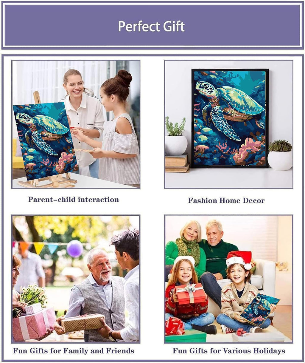 Collage of four images showing a paint by numbers kit with a sea turtle design, including parent-child interaction, home decor, and gift-giving scenarios.