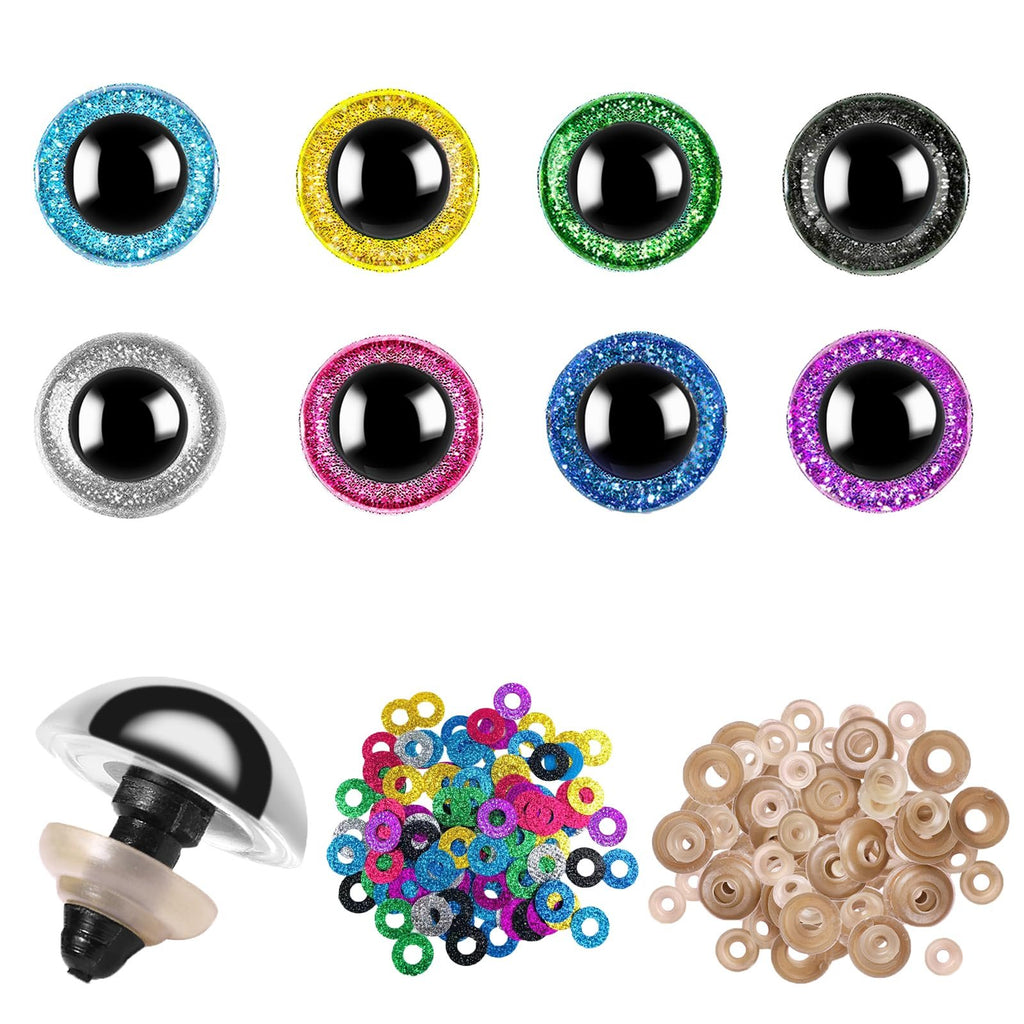 Eight glitter plastic safety eyes in various colors, one assembled eye with washer and gasket, and piles of colorful glitter washers and beige gaskets.