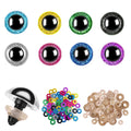 Eight glitter plastic safety eyes in various colors, one assembled eye with washer and gasket, and piles of colorful glitter washers and beige gaskets.