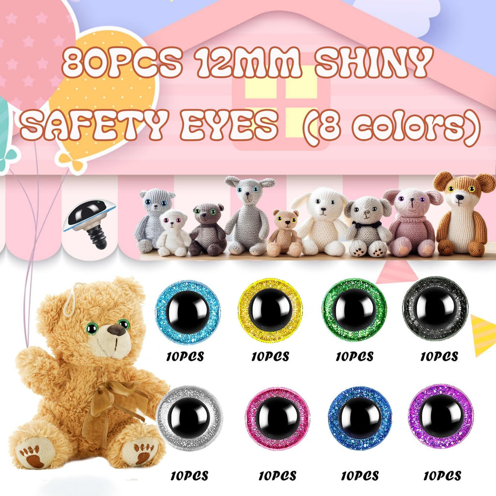 Set of 80 glitter safety eyes in 8 colors, shown with a teddy bear and examples of individual eyes.
