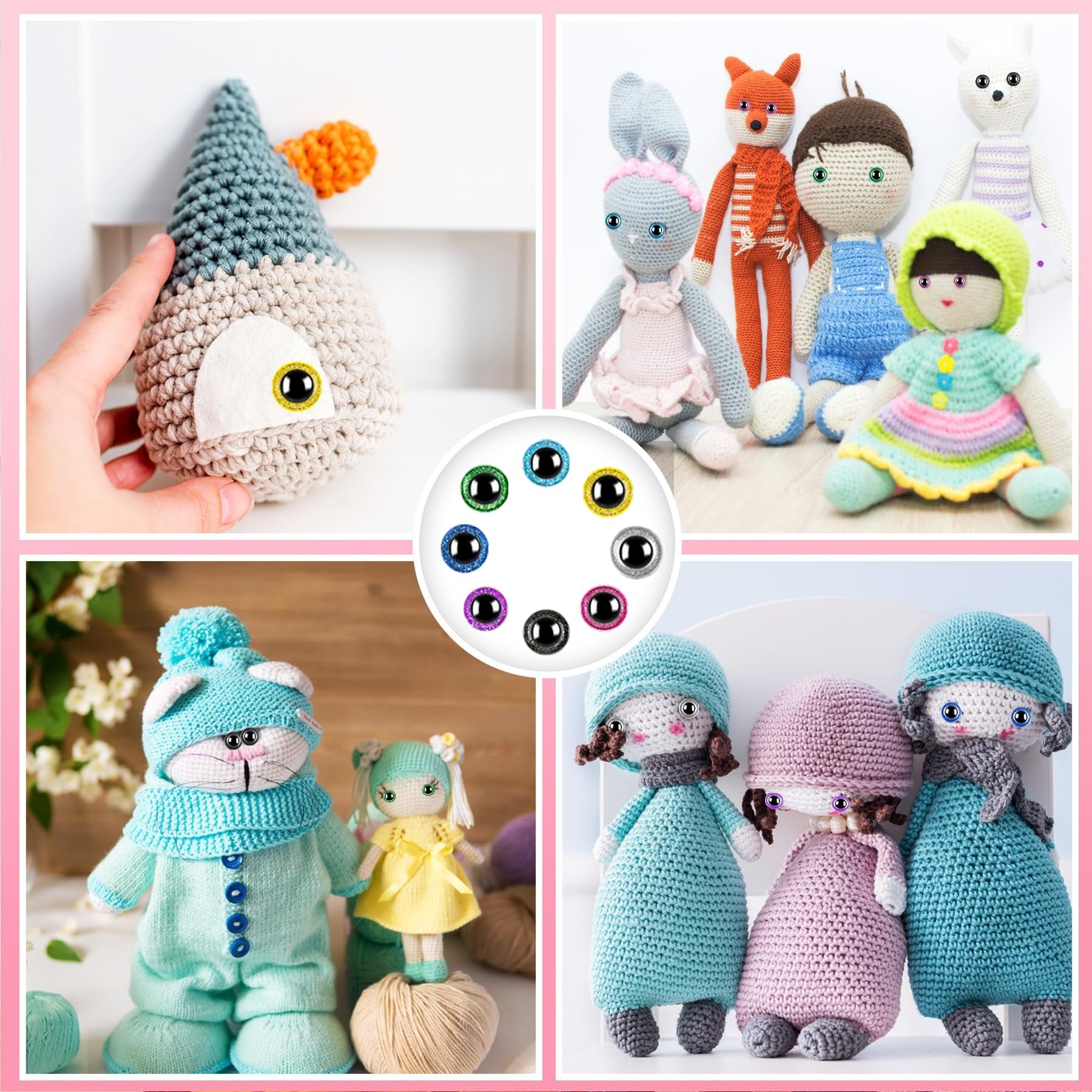 Collage of crocheted dolls and a close-up of glitter safety eyes in various colors