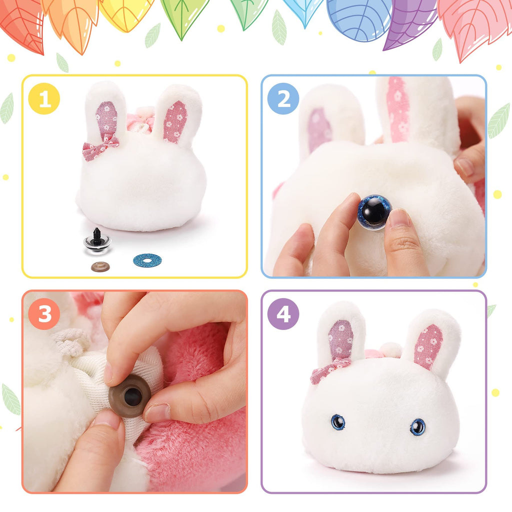 Plush bunny toy being assembled with safety eyes and washers, step-by-step instructions