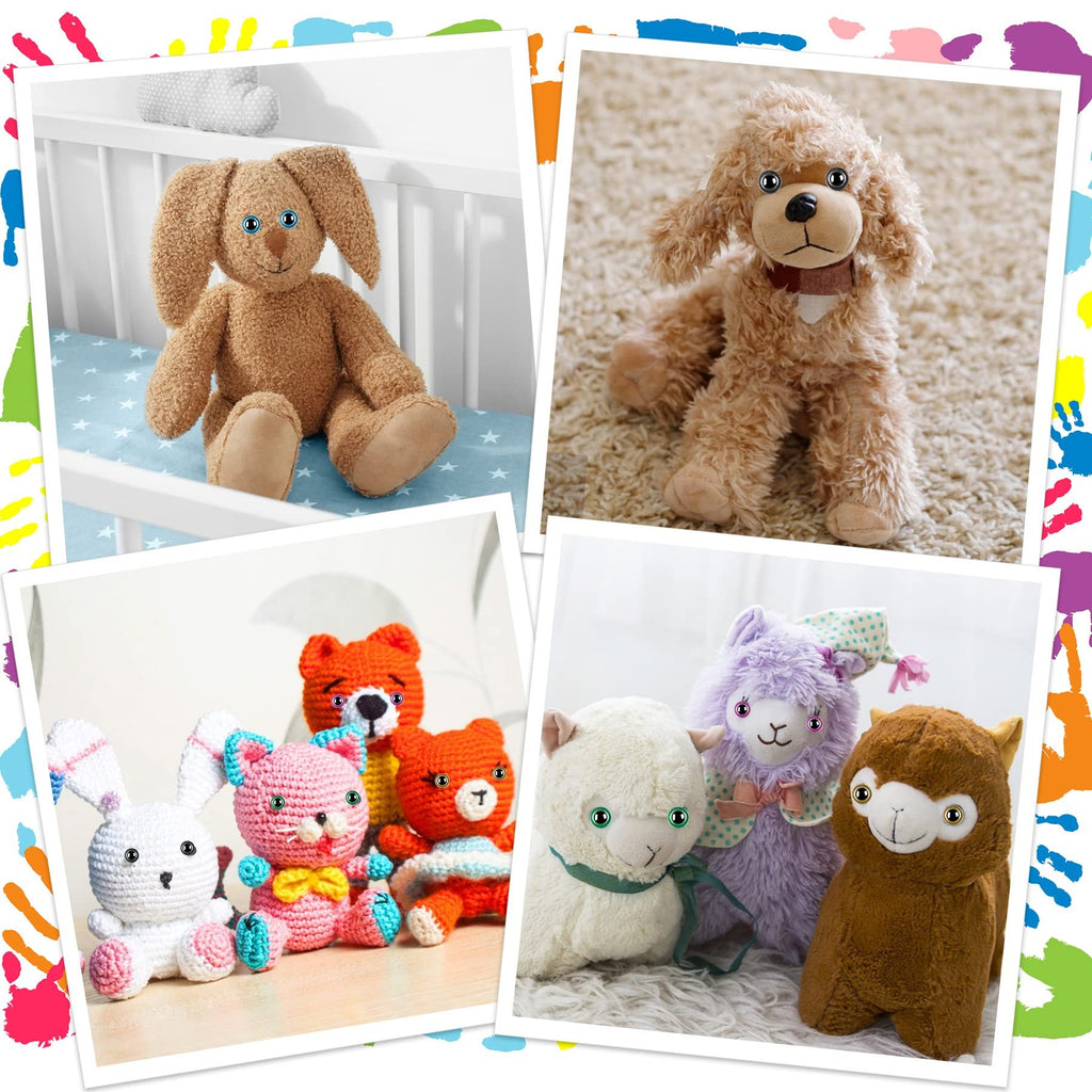 Collage of four images showing various plush and crocheted stuffed animals, including a teddy bear, a poodle, crocheted animals, and llamas.