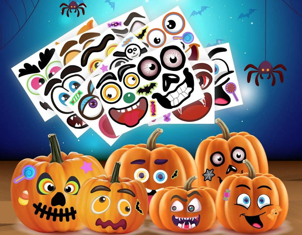 Halloween pumpkin face sticker kit with various designs and decorated pumpkins