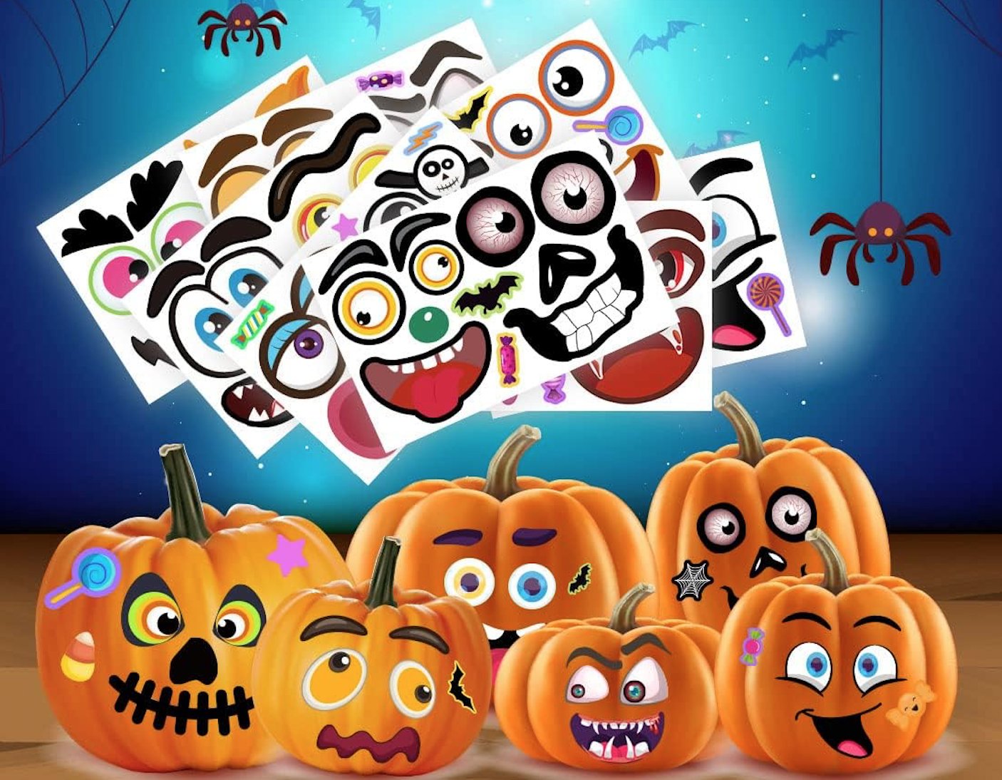Halloween pumpkin face sticker kit with various designs and decorated pumpkins