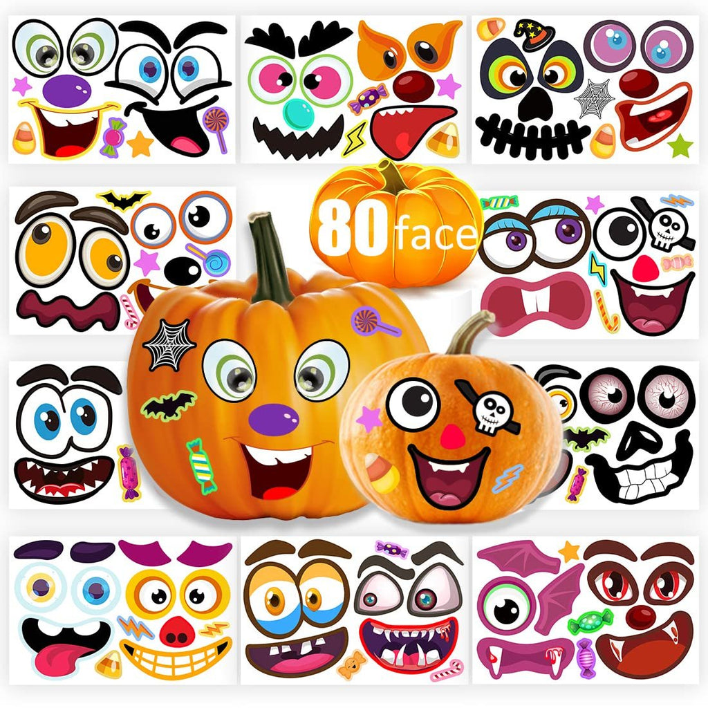 Pumpkin face sticker kit with 80 designs shown on sheets and applied to two pumpkins.