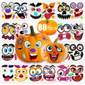 Pumpkin face sticker kit with 80 designs shown on sheets and applied to two pumpkins.