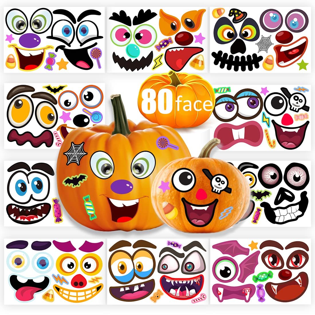 Pumpkin face sticker kit with 80 designs shown on sheets and applied to two pumpkins.