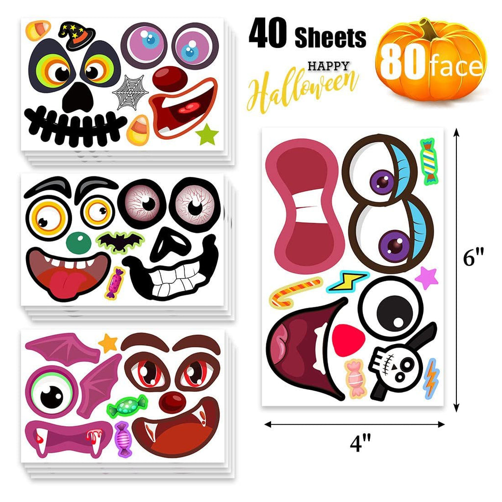 Halloween pumpkin face sticker sheets with various spooky and funny designs, including eyes, mouths, and hats. Dimensions 4x6 inches.