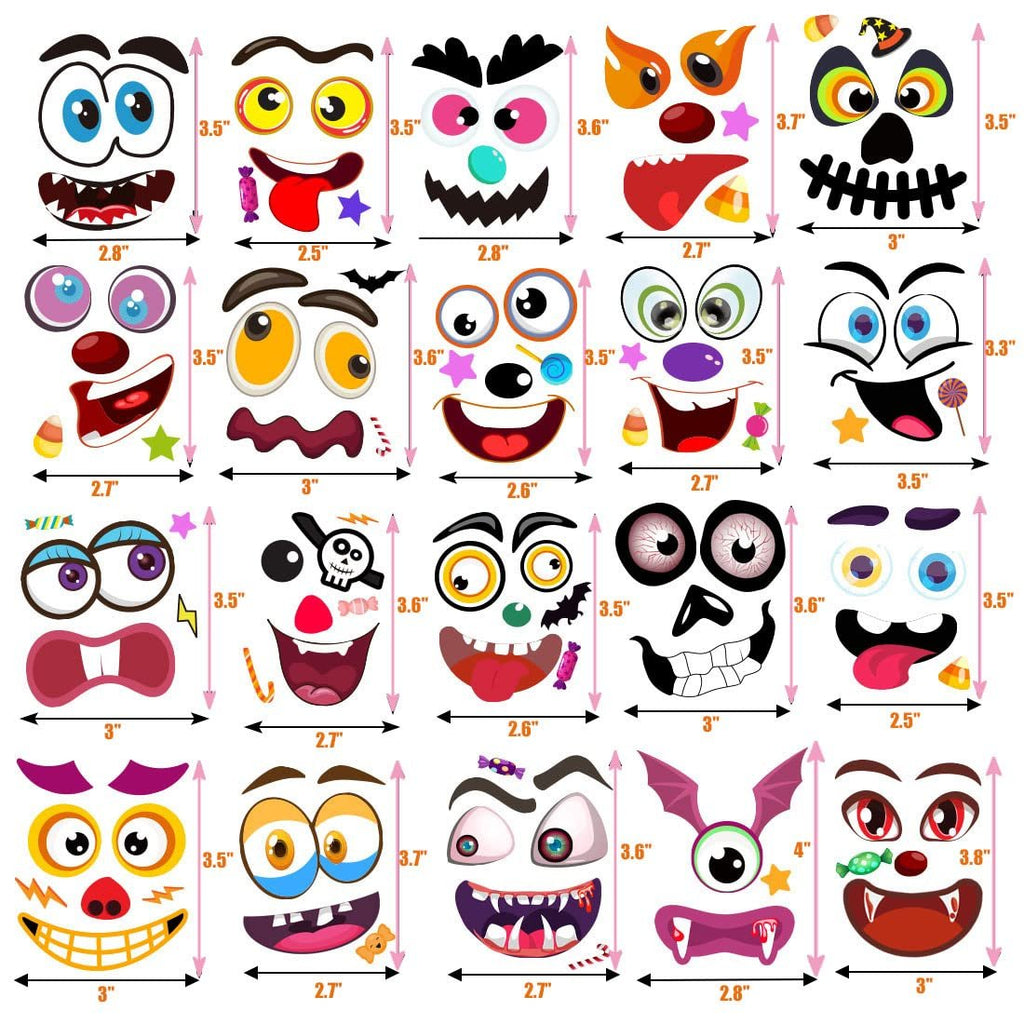 Collection of Halloween pumpkin face sticker designs with dimensions shown, featuring various eyes, mouths, and accessories.