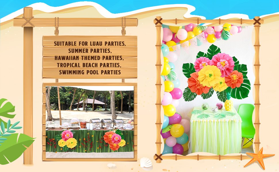 Tropical party decorations with colorful flowers, palm leaves, balloons, and a buffet table setup.