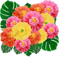 Assortment of colorful tissue paper hibiscus flowers and green monstera leaves arranged together.
