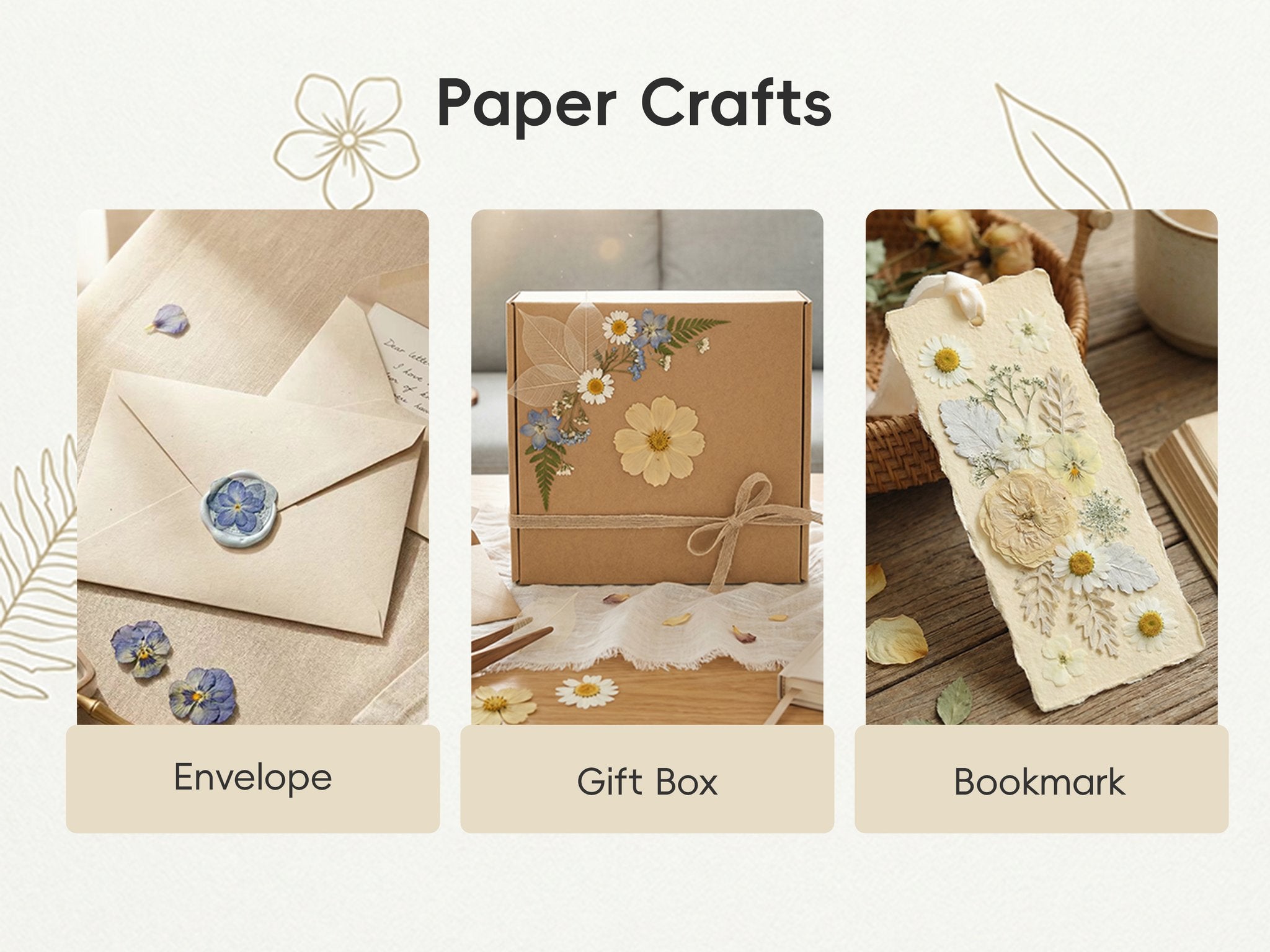 Collage of three paper craft ideas using dried flowers: an envelope with a wax seal, a gift box decorated with flowers, and a bookmark adorned with pressed flowers.