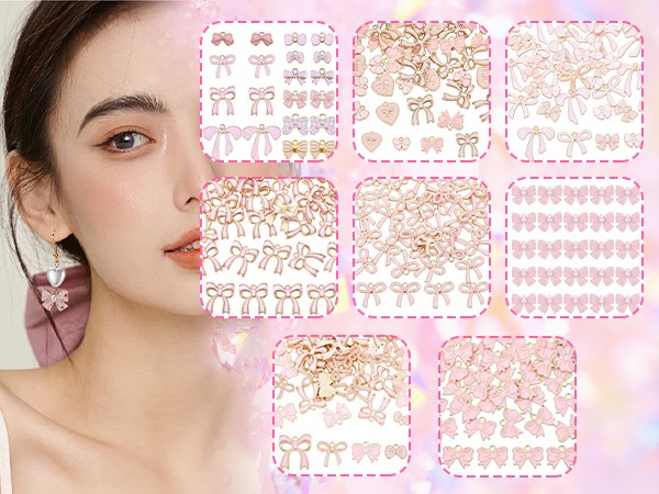 Woman wearing pink enamel bow charm earrings with multiple styles of pink bow charms displayed in inset panels