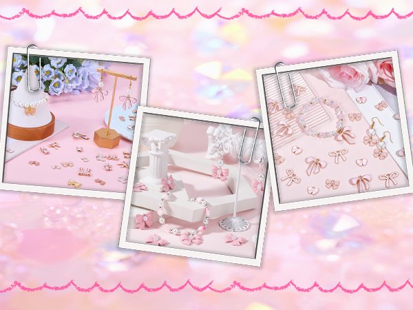 Collection of pink enamel bow charms and jewelry making supplies displayed in three framed sections.