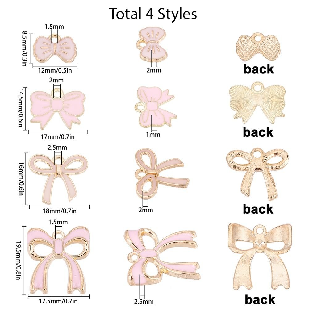 Four styles of pink enamel bow charms shown from front and back with dimensions labeled in mm and inches.
