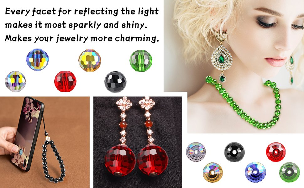 Collage of faceted glass beads in various colors and jewelry making examples, including a woman wearing earrings and a necklace, and a phone charm.