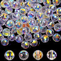 Pile of 10mm faceted AB crystal glass beads with a black background, showing individual beads and a close-up view of five beads at the bottom.