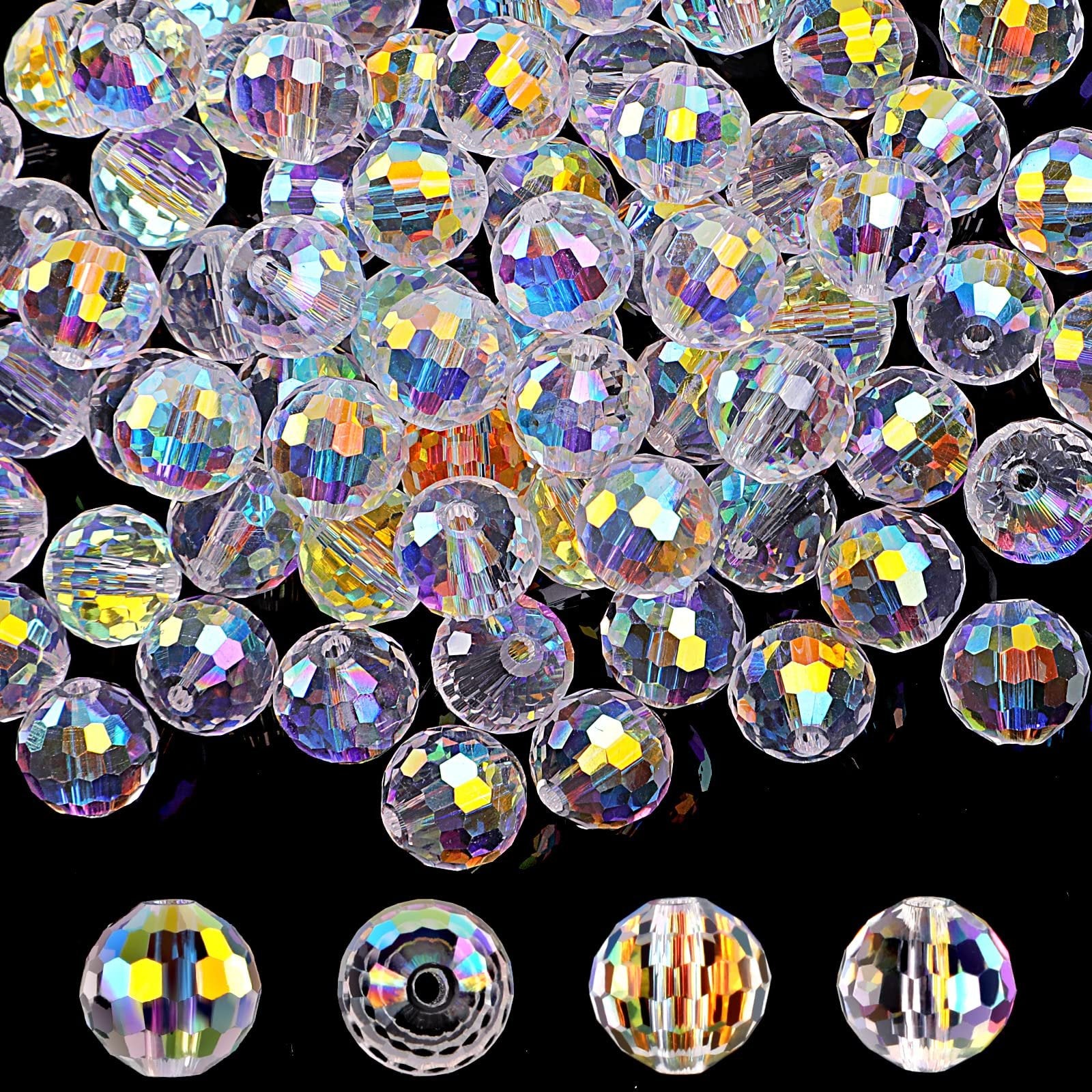 Pile of 10mm faceted AB crystal glass beads with a black background, showing individual beads and a close-up view of five beads at the bottom.