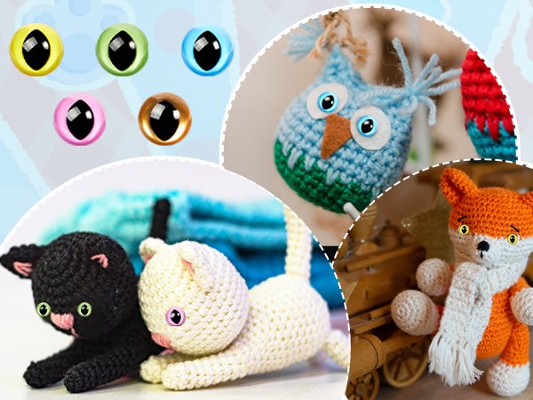Assorted safety eyes in various colors and crocheted animal toys including cats, an owl, and a fox.