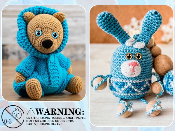 Crocheted bear in blue outfit and crocheted bunny with wooden beads on legs, both with safety eyes.