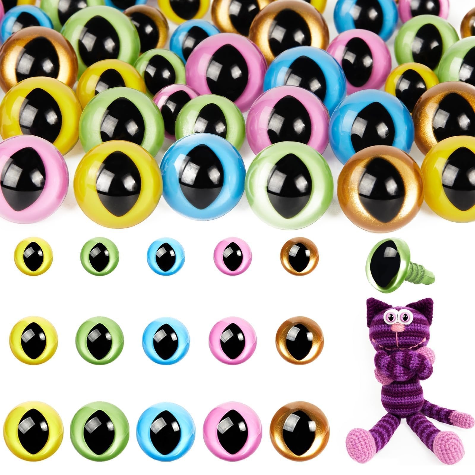 Assorted plastic safety eyes in pink, yellow, green, blue, and gold with black pupils, plus a purple crocheted cat toy.