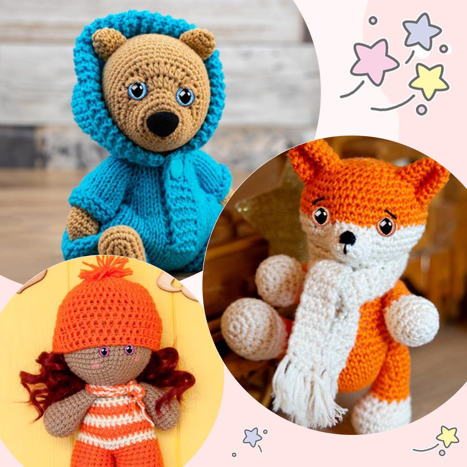 Crocheted bear, fox, and doll with safety eyes and washers for crafts