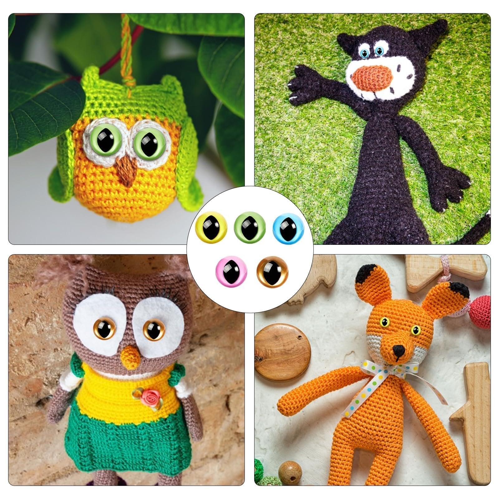 Collage of crocheted animals with safety eyes: owl hanging from branch, black cat, owl wearing dress, orange fox.