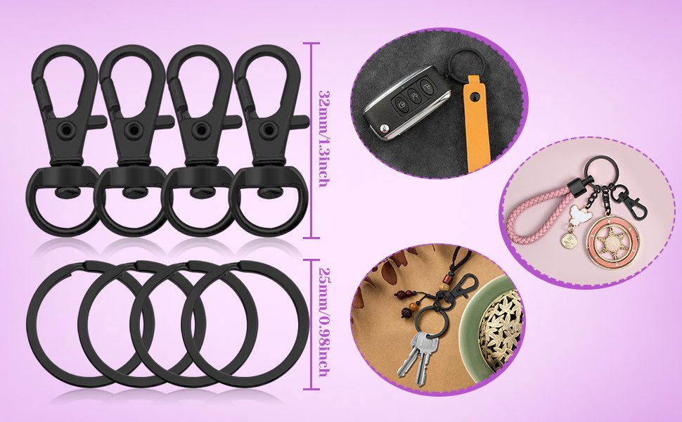 Four black swivel snap hooks and four key rings shown with dimensions, plus lifestyle images of keychains with car keys and decorative charms.