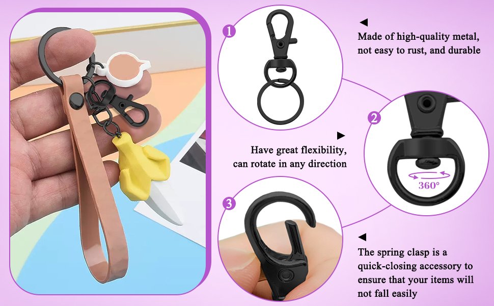 Close-up of a hand holding a keychain with swivel snap hooks and decorative charms, with detailed views of the hardware and text callouts.