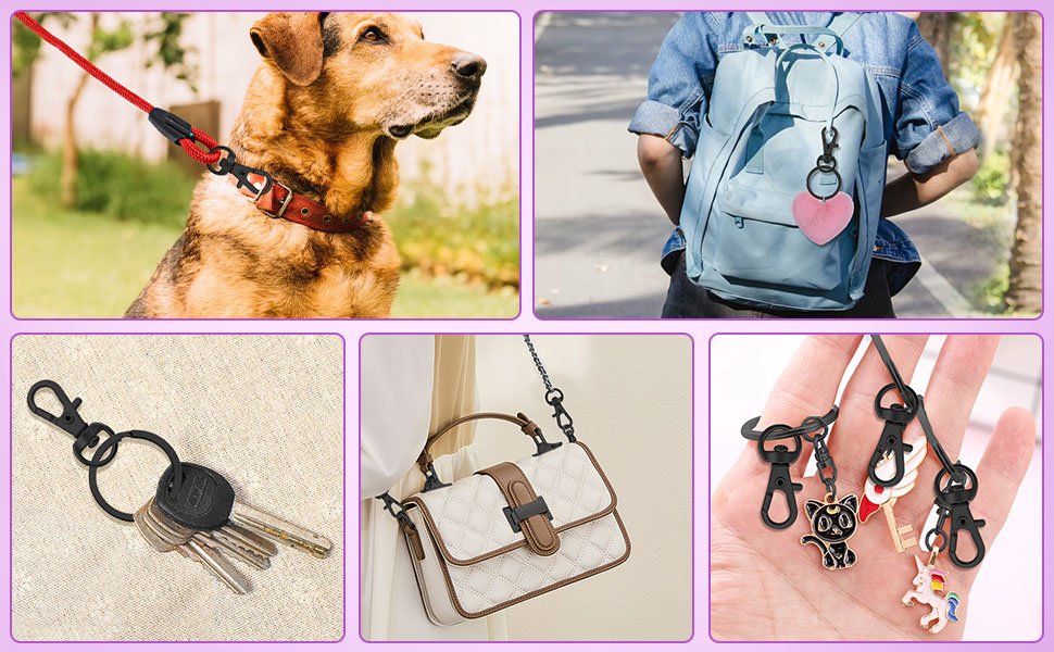 Collage of swivel snap hooks and key rings in use: dog leash, backpack charm, keys, handbag strap, and decorative charms.