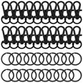 Black swivel snap hooks and key rings arranged in rows on a white background.