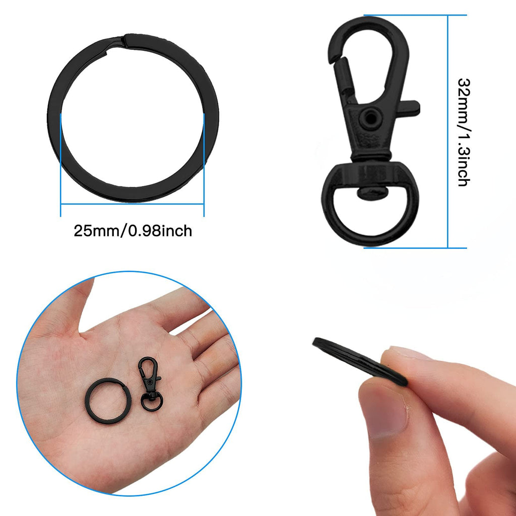 Black swivel snap hook and key ring set with size dimensions shown, held in hand.