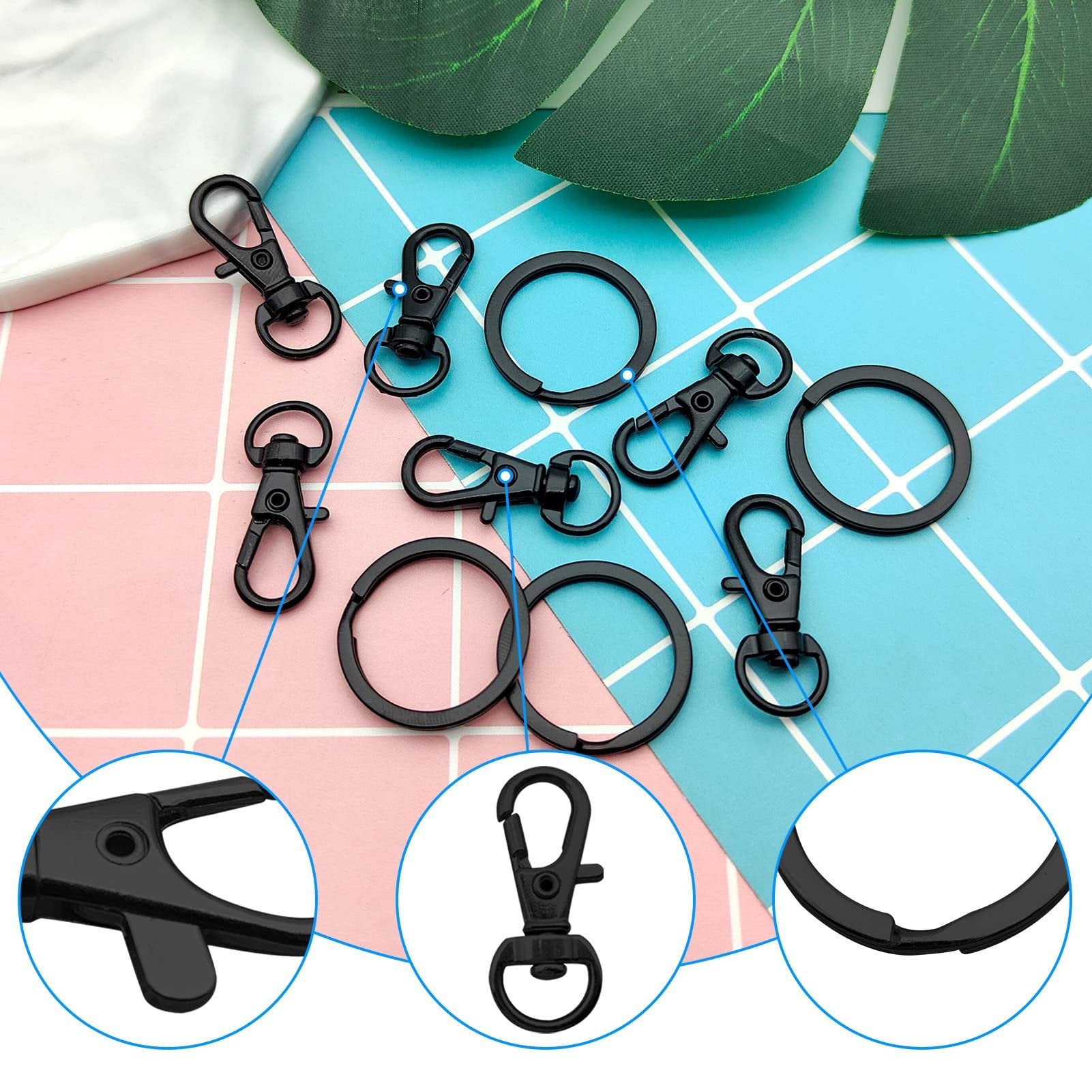 Black swivel snap hooks and key rings shown from multiple angles with close-up details of each component.