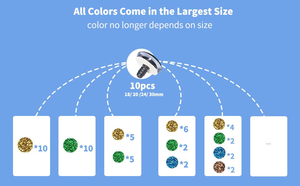Diagram showing glitter safety eyes in various colors and quantities, with a single eye and washer shown enlarged.