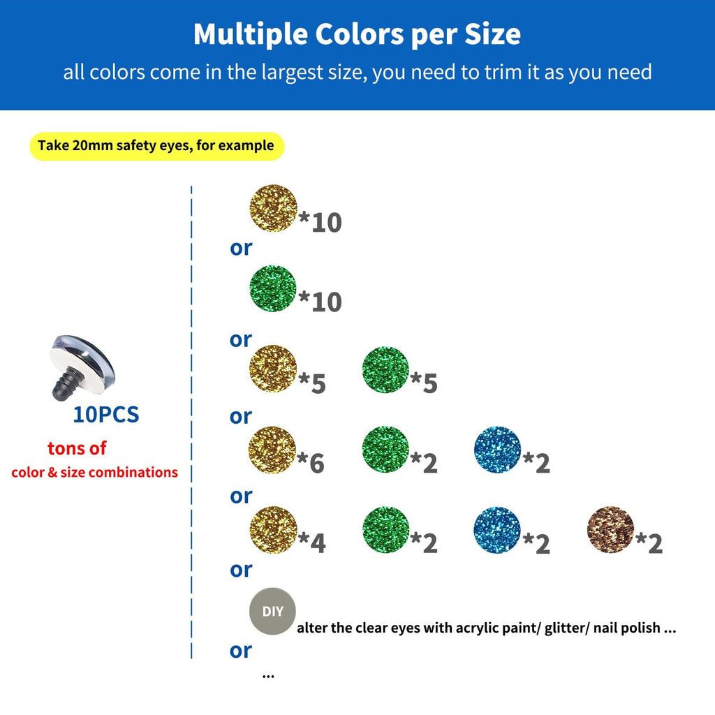 Safety eyes with washers and glittery colored dots showing quantities for different colors and sizes.