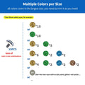 Safety eyes with washers and glittery colored dots showing quantities for different colors and sizes.