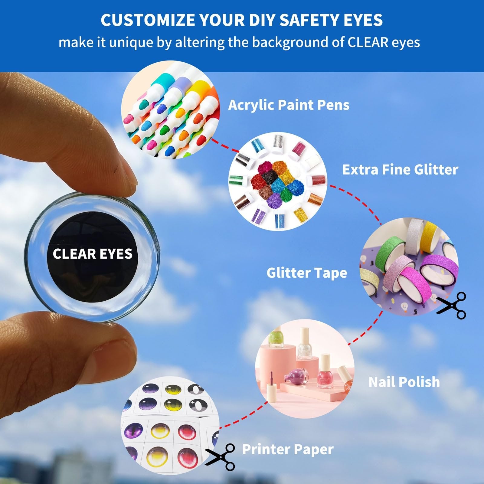 Hand holding a clear safety eye with 'CLEAR EYES' text, surrounded by craft supplies for customization.