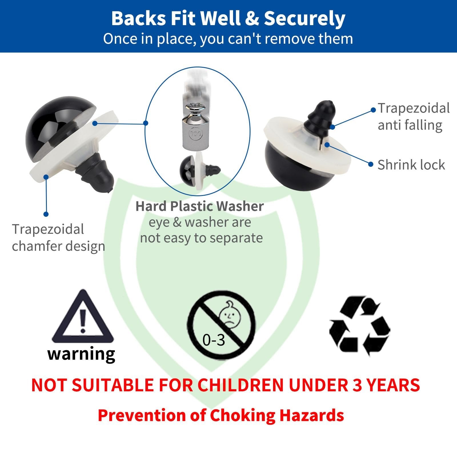 Diagram showing safety eyes with washers and their features like trapezoidal chamfer design, anti-falling, and shrink lock.