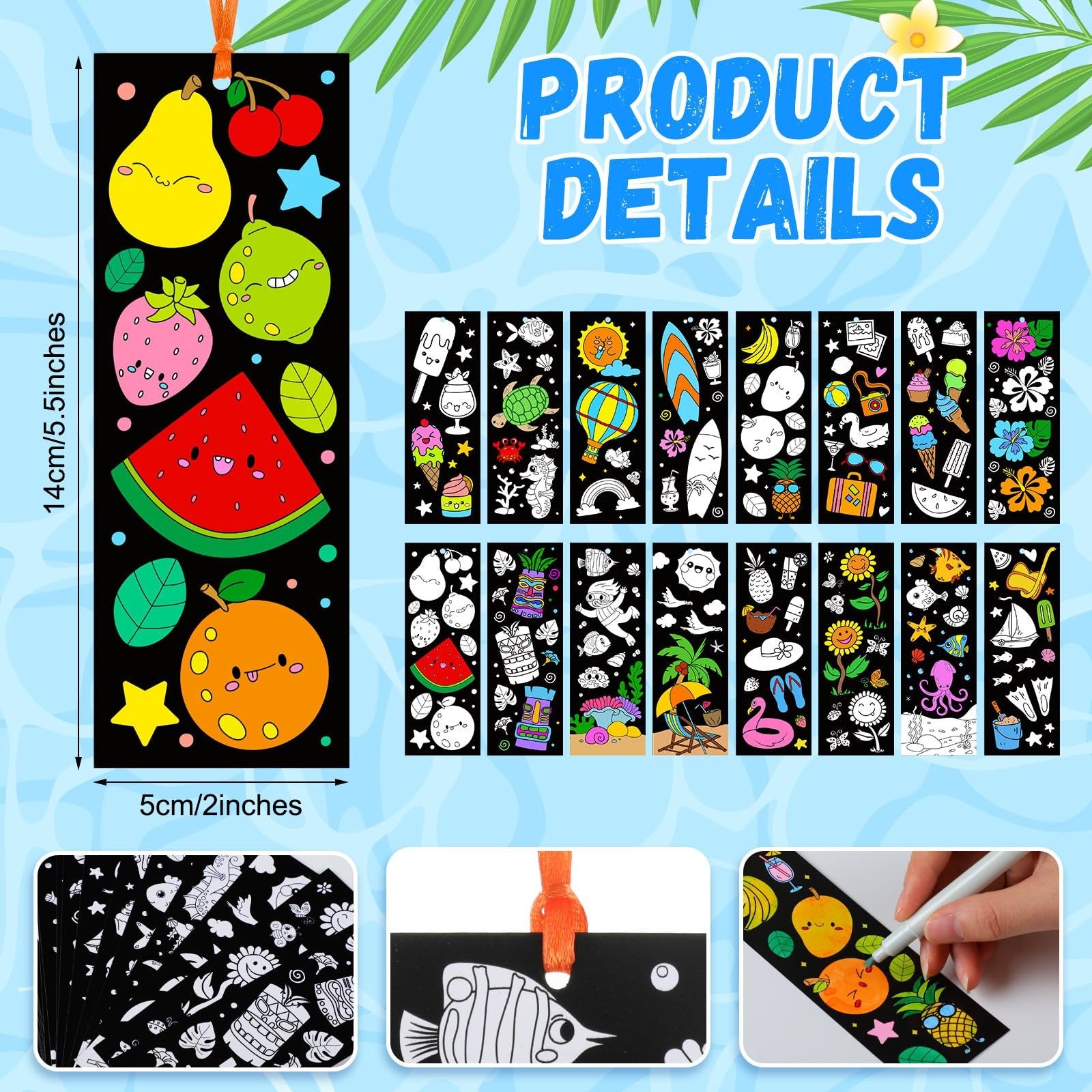 Color-your-own bookmarks with summer designs and ribbons, shown in a collage with dimensions and examples.