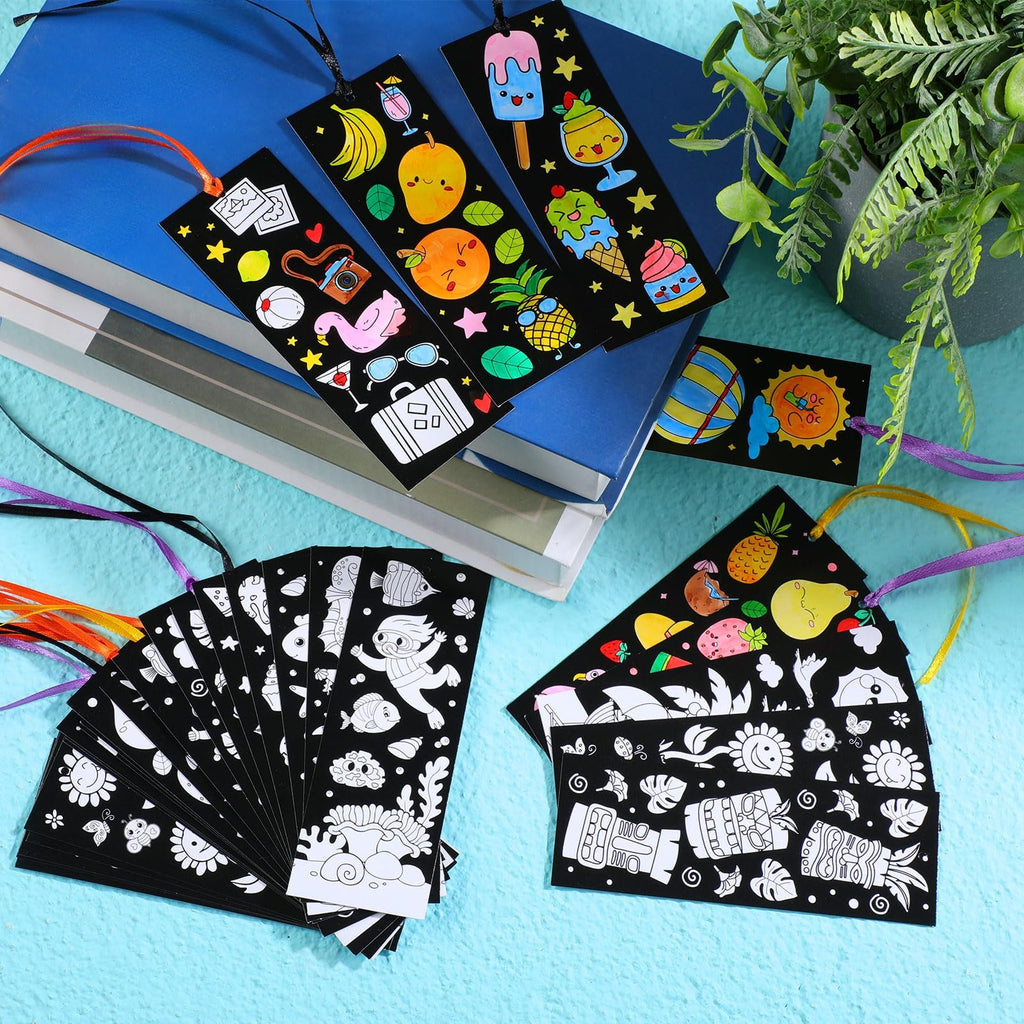 Color-your-own bookmarks with summer and beach themes, some colored, some black and white outlines, with ribbons.