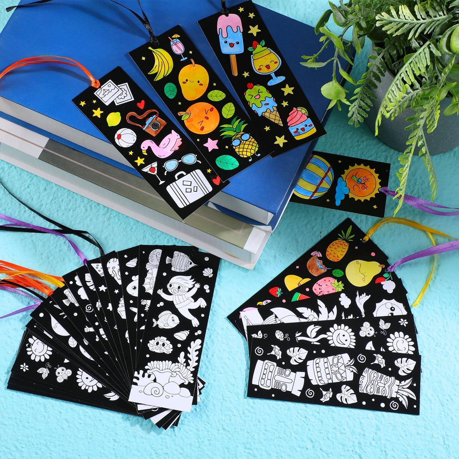 Color-your-own bookmarks with summer and beach themes, some colored, some black and white outlines, with ribbons.