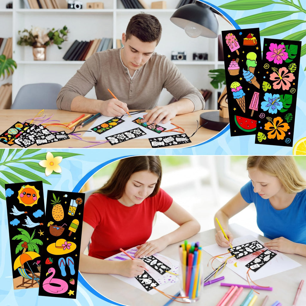Two scenes of people coloring summer-themed bookmarks with ribbons. Top shows a young man coloring, bottom shows two young women coloring.