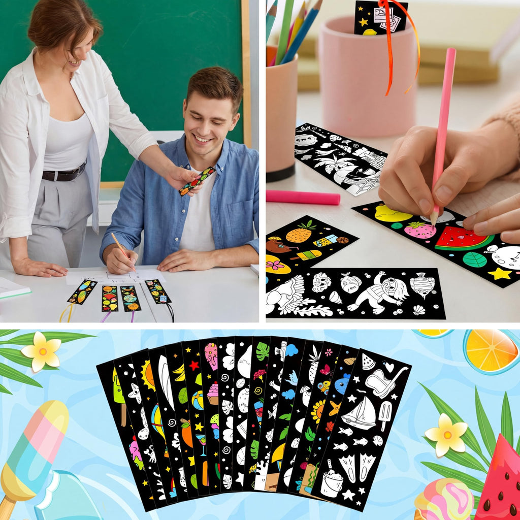 Collage of people coloring bookmarks and summer-themed graphics. Includes a teacher and student, hands coloring, and a fan of bookmark designs.