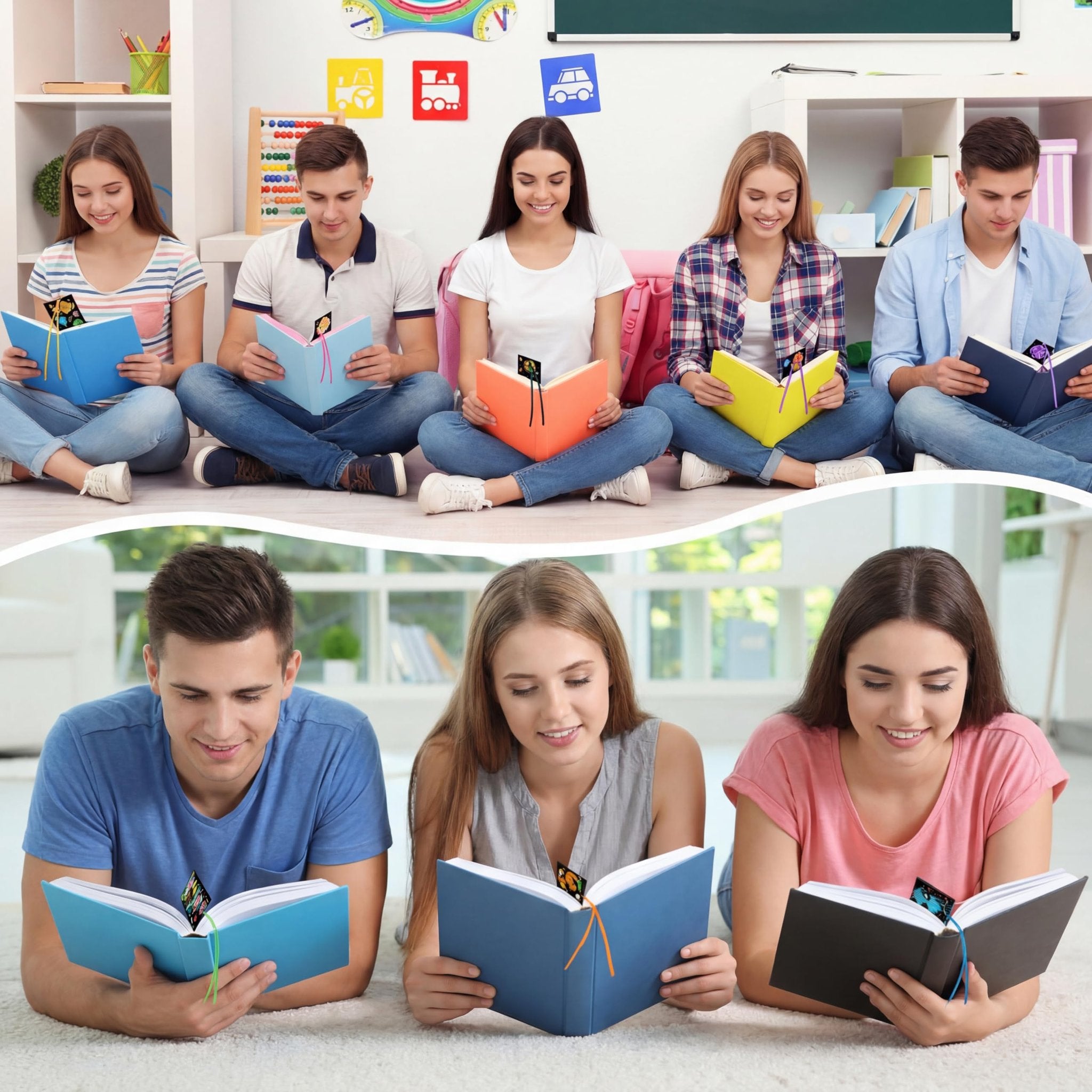 Group of young adults reading books with colorful bookmarks sticking out, some sitting on floor, others lying down.